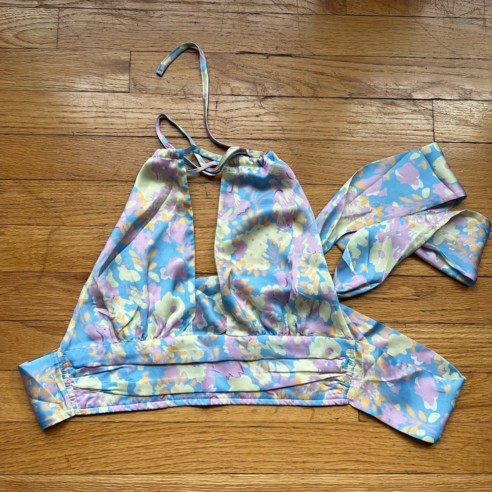 halter neck cut-out ruched floral crop top, open back, bohemian style